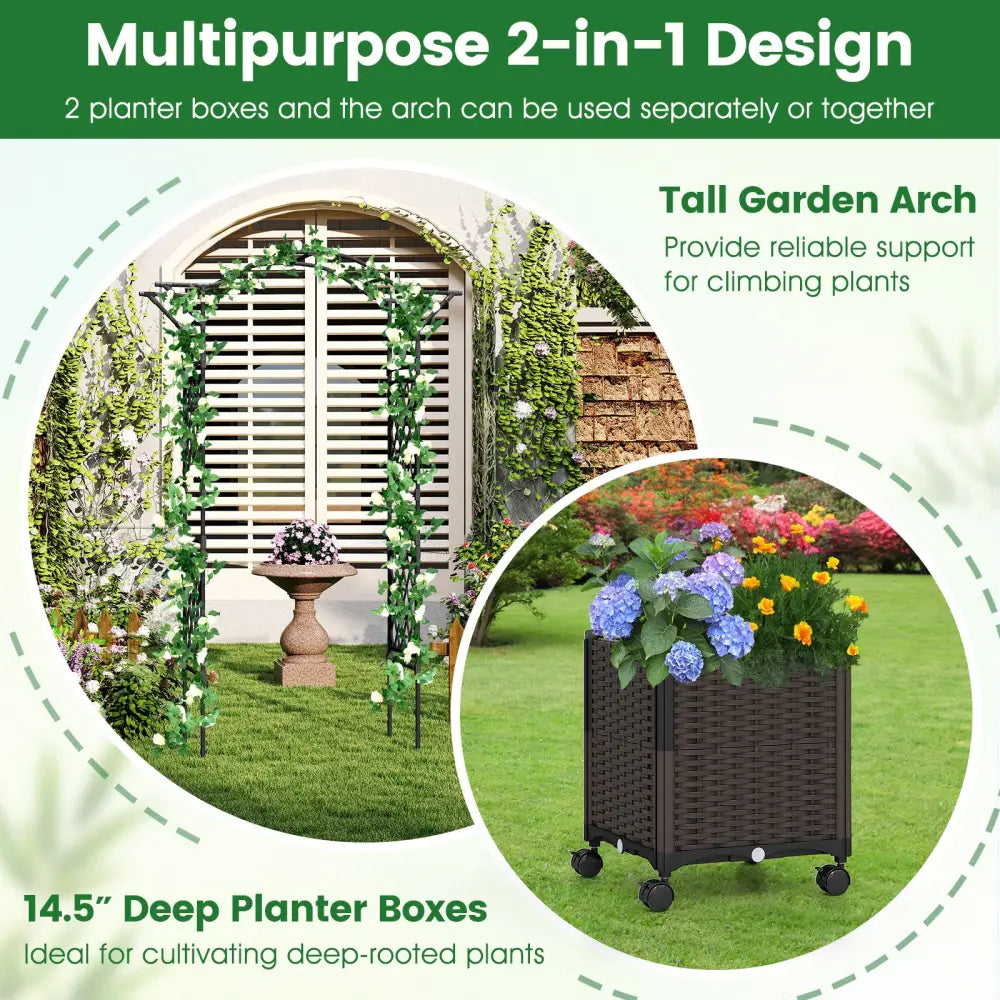 82 x 99 Inch Garden Arch Trellis with 2 Self-Watering Planter Boxes Wheels-Black - Black - Outdoor Decor