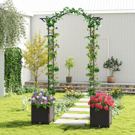 82 x 99 Inch Garden Arch Trellis with 2 Self-Watering Planter Boxes Wheels-Black - Black - Outdoor Decor