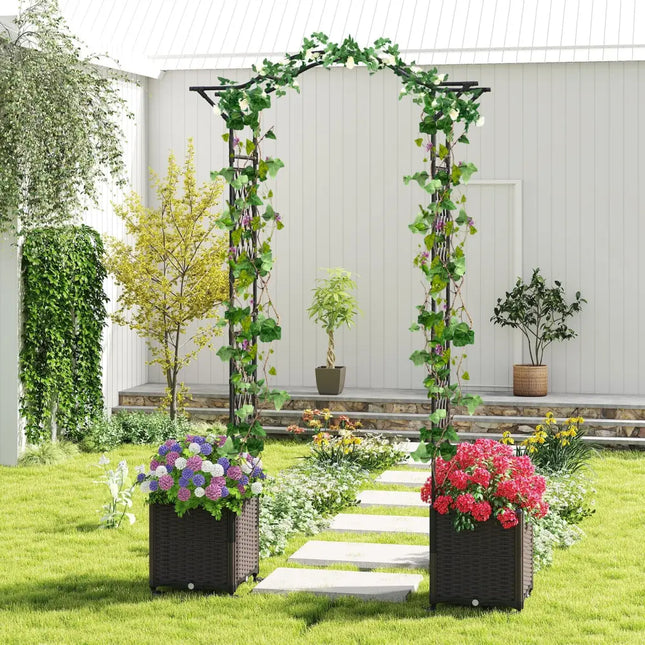 82 x 99 Inch Garden Arch Trellis with 2 Self-Watering Planter Boxes Wheels-Black - Black - Outdoor Decor