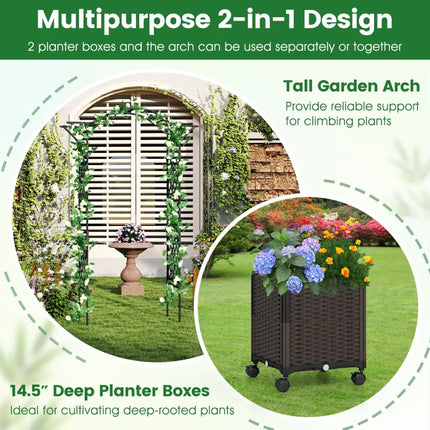 82 x 99 Inch Garden Arch Trellis with 2 Self-Watering Planter Boxes Wheels-Black - Black - Outdoor Decor