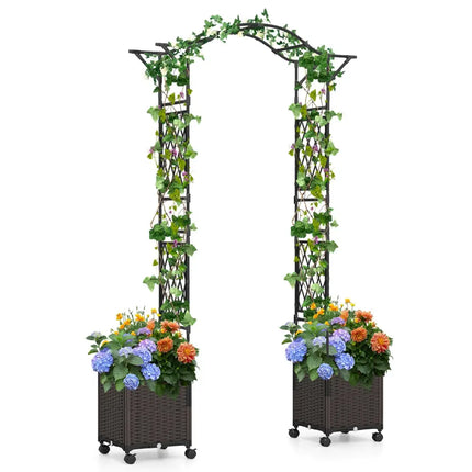 82 x 99 Inch Garden Arch Trellis with 2 Self-Watering Planter Boxes Wheels-Black - Black - Outdoor Decor