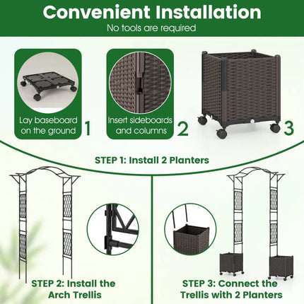 82 x 99 Inch Garden Arch Trellis with 2 Self-Watering Planter Boxes Wheels-Black - Black - Outdoor Decor