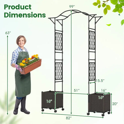 82 x 99 Inch Garden Arch Trellis with 2 Self-Watering Planter Boxes Wheels-Black - Black - Outdoor Decor