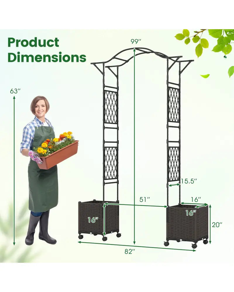82 x 99 Inch Garden Arch Trellis with 2 Self-Watering Planter Boxes Wheels-Black - Black - Outdoor Decor