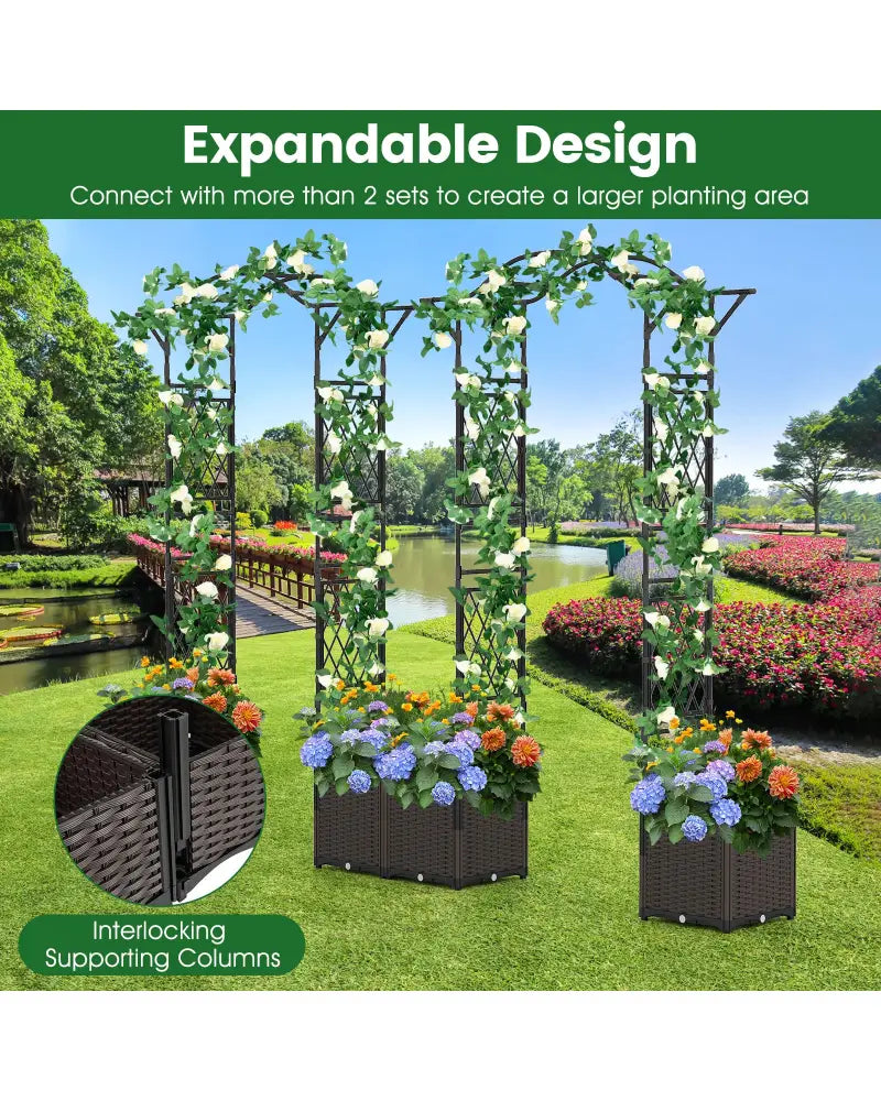 82 x 99 Inch Garden Arch Trellis with 2 Self-Watering Planter Boxes Wheels-Black - Black - Outdoor Decor