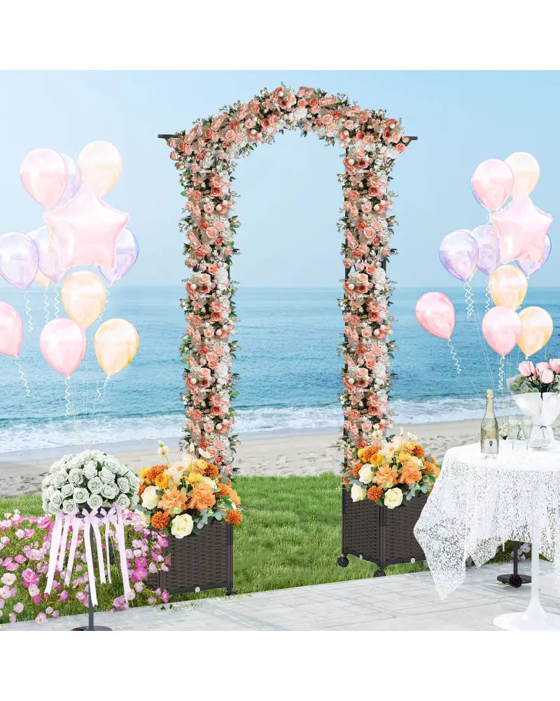 82 x 99 Inch Garden Arch Trellis with 2 Self-Watering Planter Boxes Wheels-Black - Black - Outdoor Decor