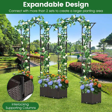 82 x 99 Inch Garden Arch Trellis with 2 Self-Watering Planter Boxes Wheels-Black - Black - Outdoor Decor