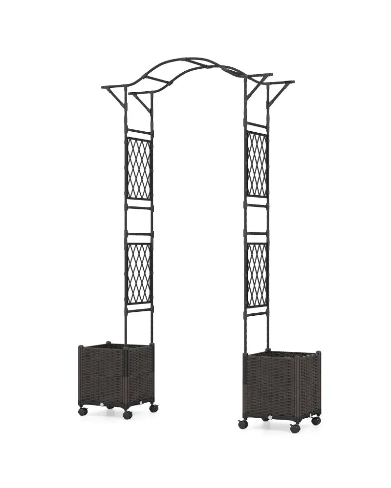82 x 99 Inch Garden Arch Trellis with 2 Self-Watering Planter Boxes Wheels-Black - Black - Outdoor Decor