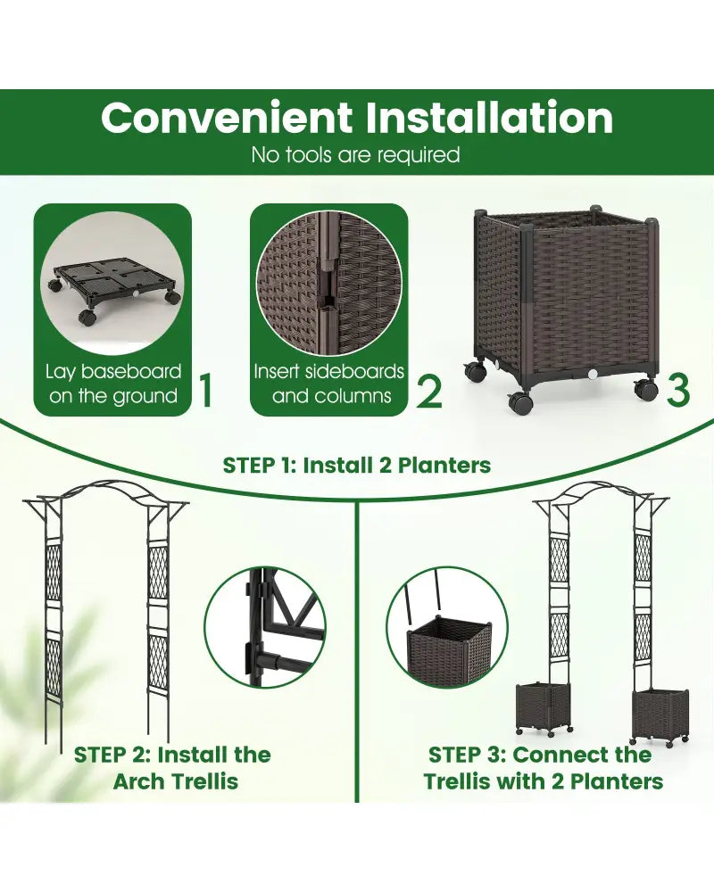 82 x 99 Inch Garden Arch Trellis with 2 Self-Watering Planter Boxes Wheels-Black - Black - Outdoor Decor