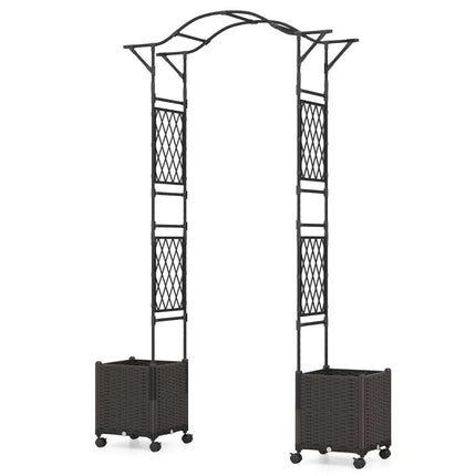 82 x 99 Inch Garden Arch Trellis with 2 Self-Watering Planter Boxes Wheels-Black - Black - Outdoor Decor
