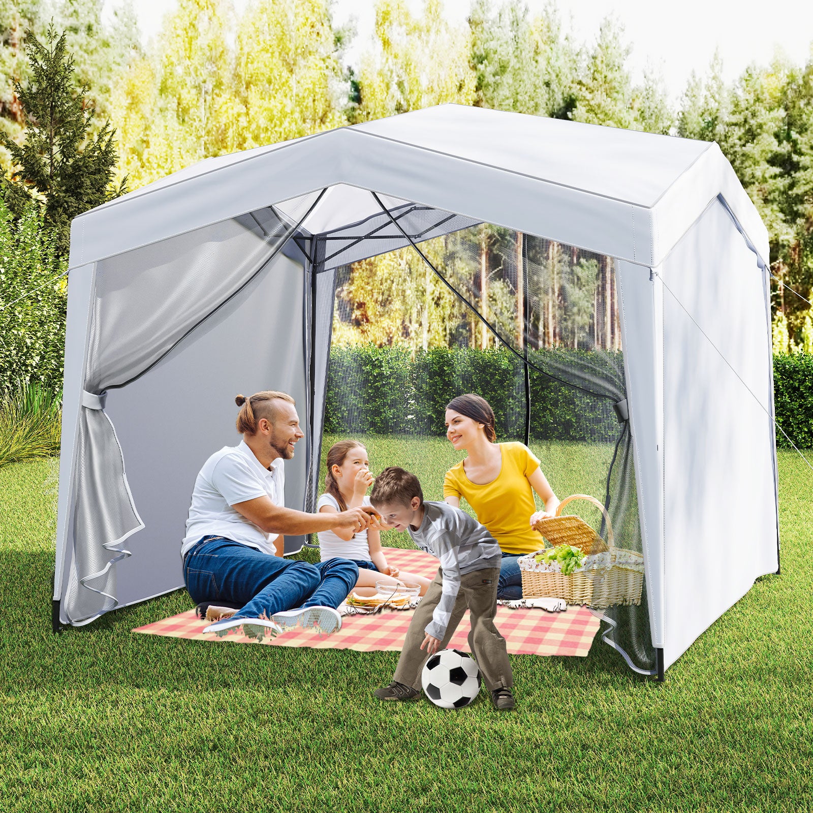 Pop up Canopy Tent wiht 4 Sidewalls Mesh Netting Wheeled Bag-White