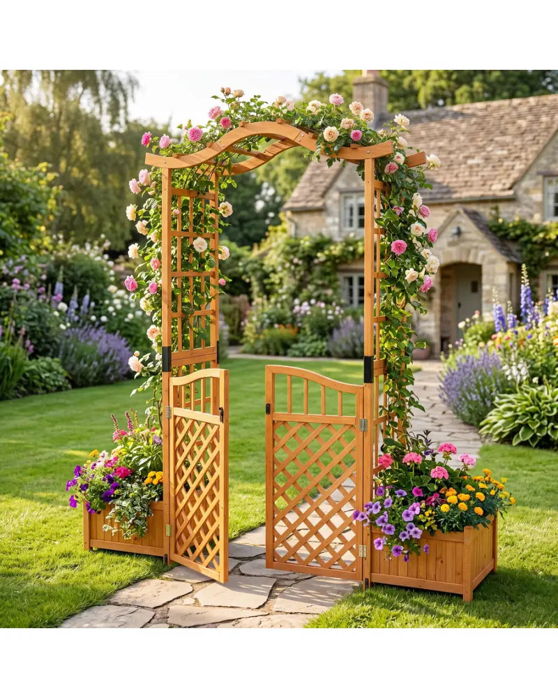 83’’ Garden Arbor with Gate and 2 Planter Boxes-Yellow - Yellow - Garden Arbors