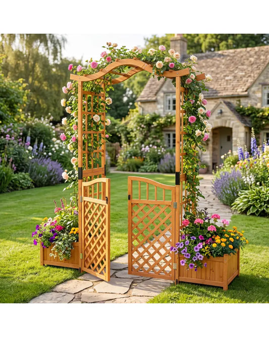83’’ Garden Arbor with Gate and 2 Planter Boxes-Yellow - Yellow - Garden Arbors