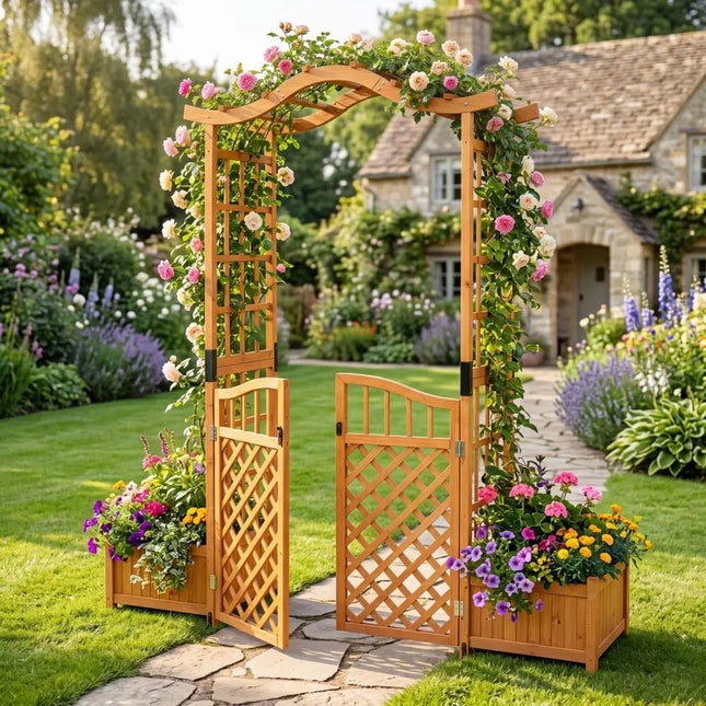 83’’ Garden Arbor with Gate and 2 Planter Boxes-Yellow - Yellow - Outdoor Decor