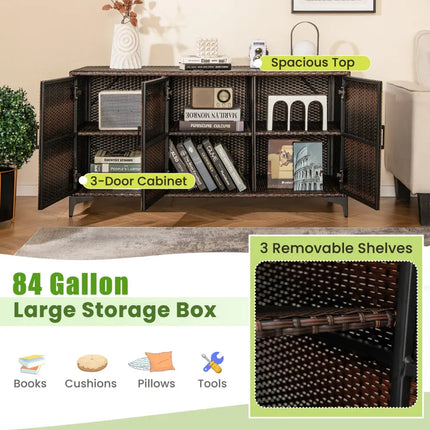 84 Gallon Patio Wicker Deck Box 3-Door PE Rattan Storage Container with Removable Shelves-Brown - Brown - Sheds &