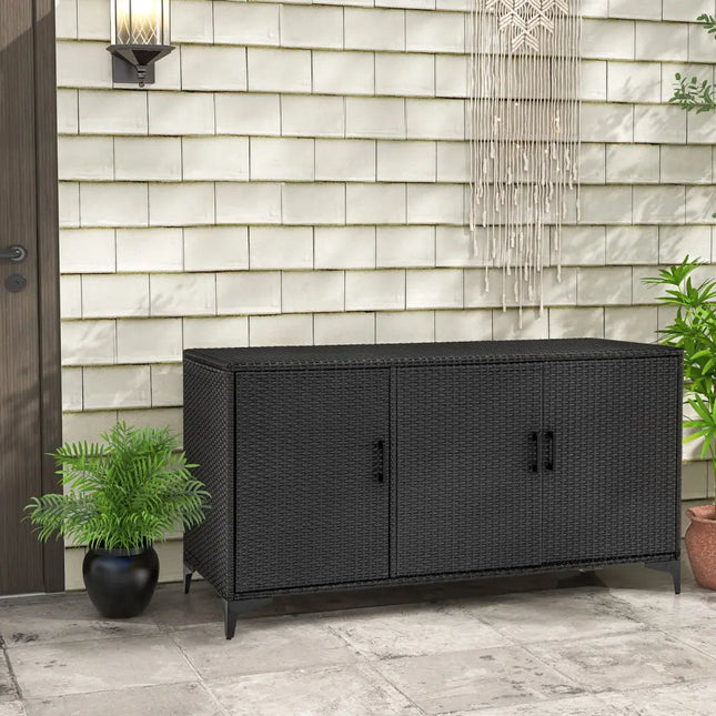 84 Gallon Patio Wicker Deck Box 3-Door PE Rattan Storage Container with Removable Shelves-Black - Black - Sheds &