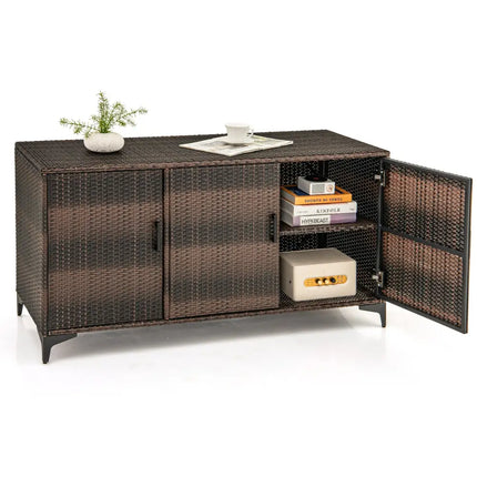 84 Gallon Patio Wicker Deck Box 3-Door PE Rattan Storage Container with Removable Shelves-Brown - Brown - Sheds &