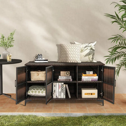 84 Gallon Patio Wicker Deck Box 3-Door PE Rattan Storage Container with Removable Shelves-Brown - Brown - Sheds &