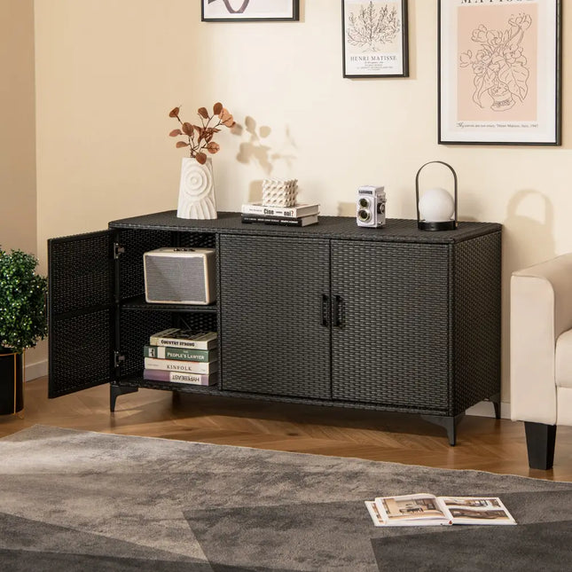 84 Gallon Patio Wicker Deck Box 3-Door PE Rattan Storage Container with Removable Shelves-Black - Black - Sheds &