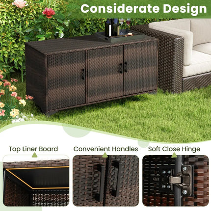 84 Gallon Patio Wicker Deck Box 3-Door PE Rattan Storage Container with Removable Shelves-Brown - Brown - Sheds &