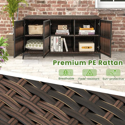 84 Gallon Patio Wicker Deck Box 3-Door PE Rattan Storage Container with Removable Shelves-Brown - Brown - Sheds &