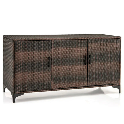 84 Gallon Patio Wicker Deck Box 3-Door PE Rattan Storage Container with Removable Shelves-Brown - Brown - Sheds &