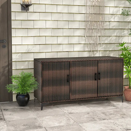 84 Gallon Patio Wicker Deck Box 3-Door PE Rattan Storage Container with Removable Shelves-Brown - Brown - Sheds &