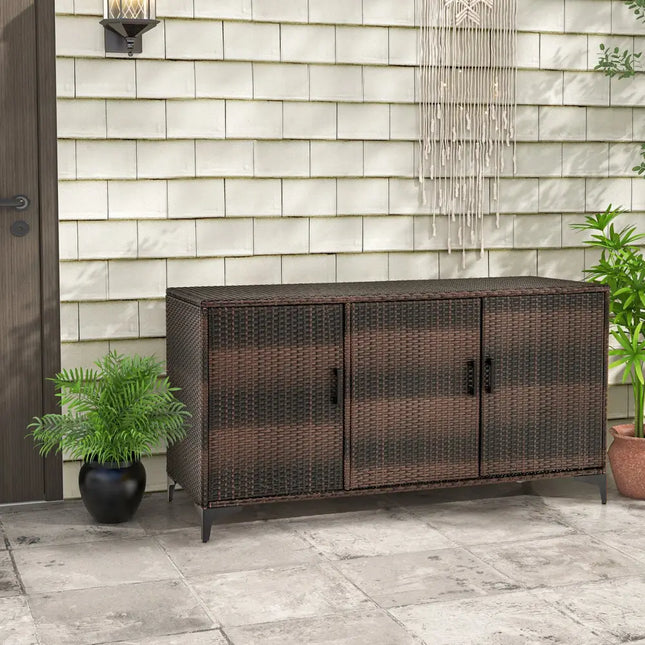 84 Gallon Patio Wicker Deck Box 3-Door PE Rattan Storage Container with Removable Shelves-Brown - Brown - Sheds &