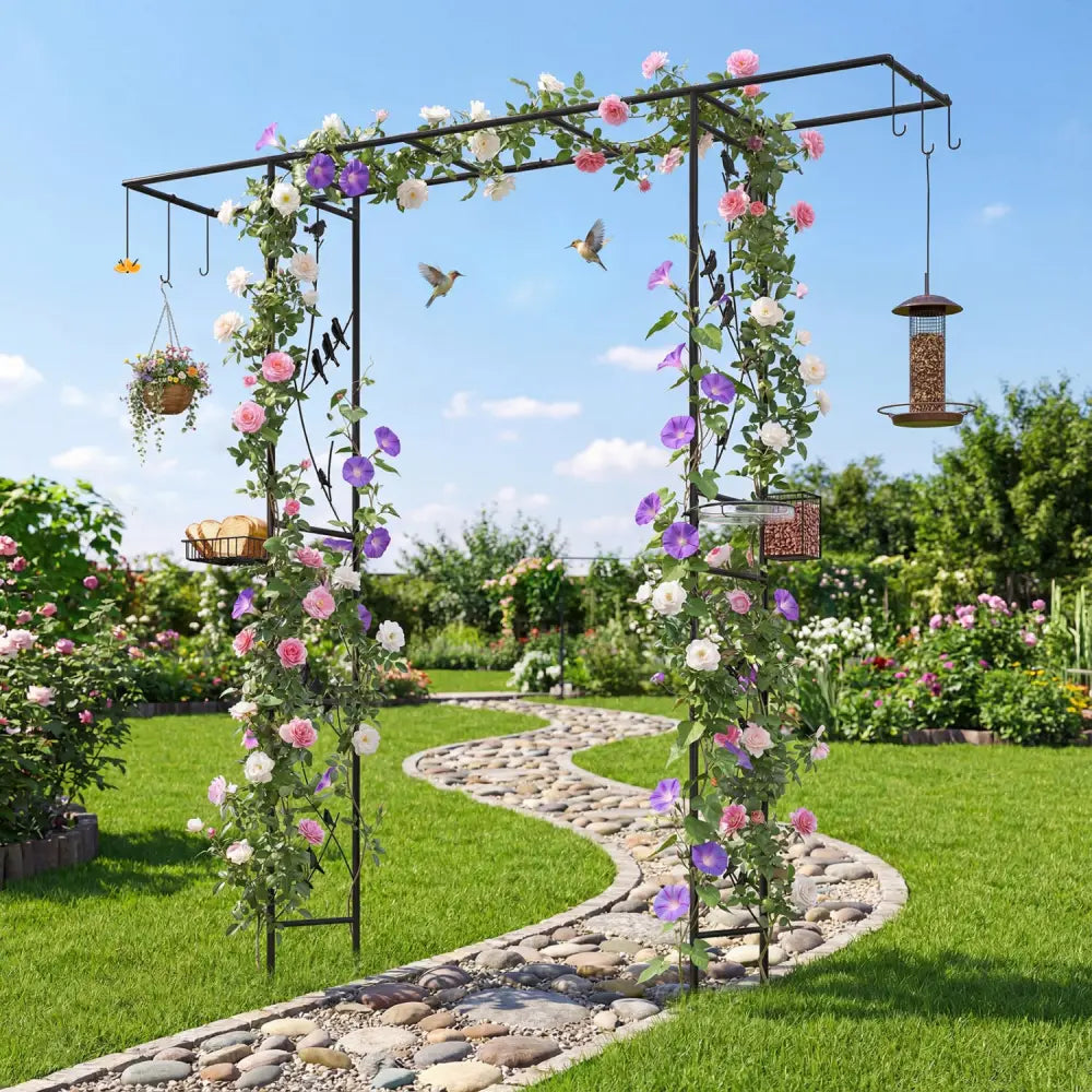 84 Inch Garden Arbor Feeding Station with Water Bowl and Mesh Tray-Black - Black - Garden Arbors