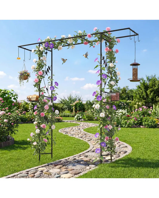 84 Inch Garden Arbor Feeding Station with Water Bowl and Mesh Tray-Black - Black - Garden Arbors