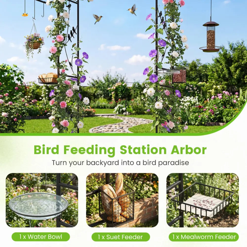 84 Inch Garden Arbor Feeding Station with Water Bowl and Mesh Tray-Black - Black - Garden Arbors