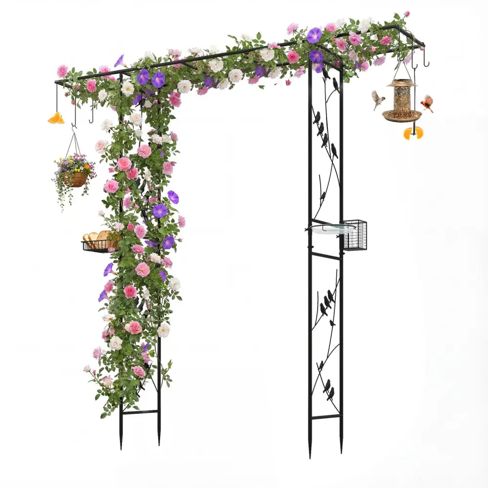 84 Inch Garden Arbor Feeding Station with Water Bowl and Mesh Tray-Black - Black - Garden Arbors