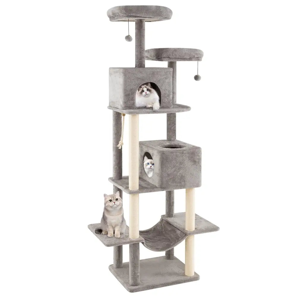 84 Inch Large Cat Tree with 2 Condos and 2 Soft Plush Perches for Indoor Cats-Gray - Gray - Cat Trees Condos &