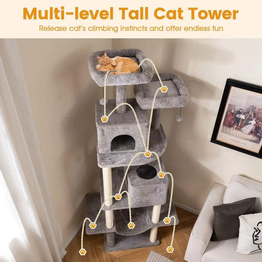 84 Inch Large Cat Tree with 2 Condos and 2 Soft Plush Perches for Indoor Cats-Gray - Gray - Cat Trees Condos &