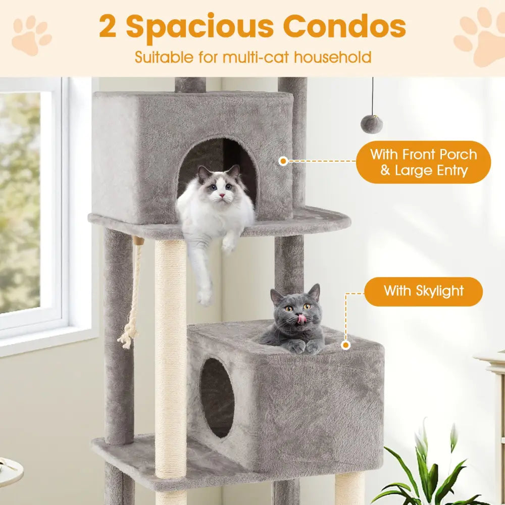 84 Inch Large Cat Tree with 2 Condos and 2 Soft Plush Perches for Indoor Cats-Gray - Gray - Cat Trees Condos &