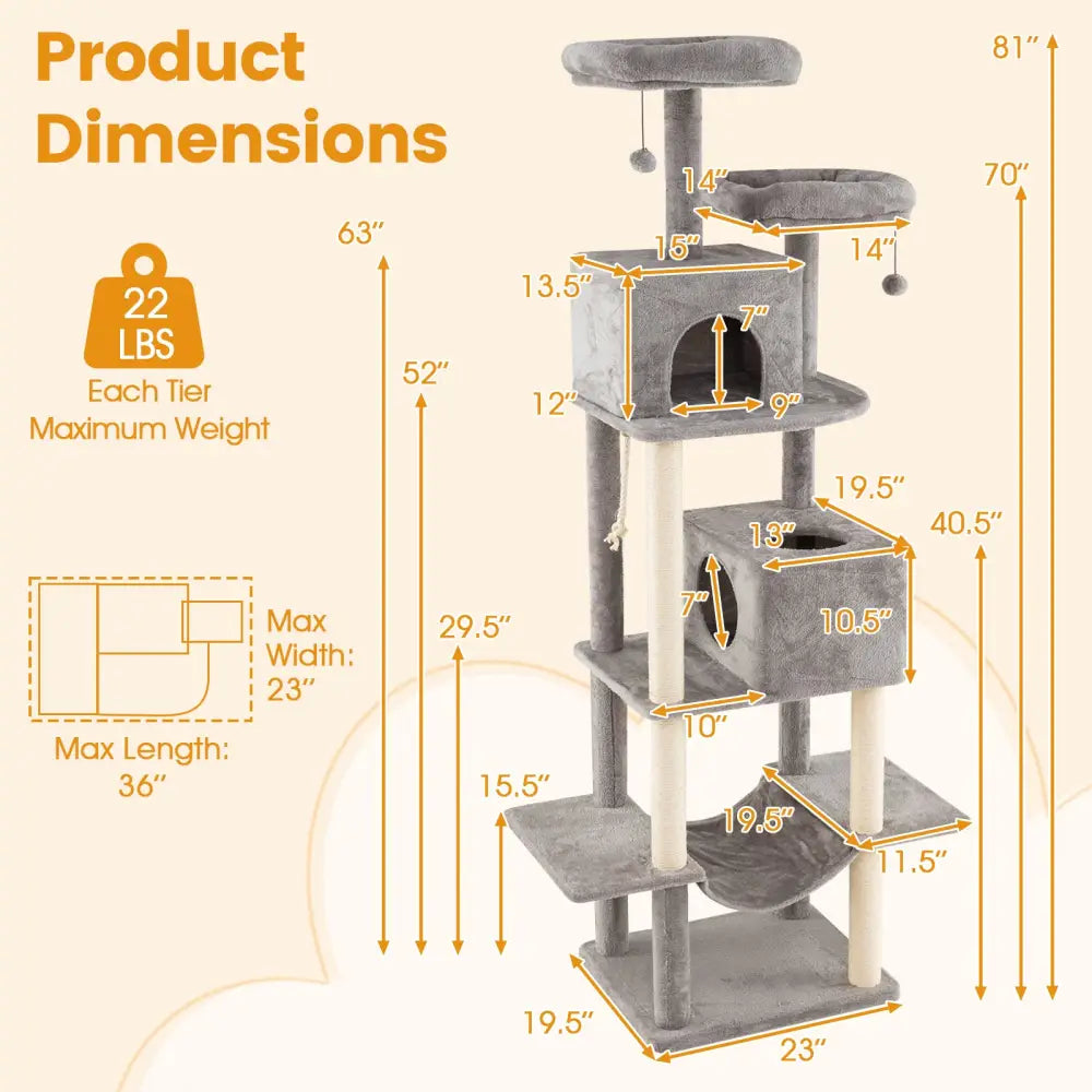 84 Inch Large Cat Tree with 2 Condos and 2 Soft Plush Perches for Indoor Cats-Gray - Gray - Cat Trees Condos &