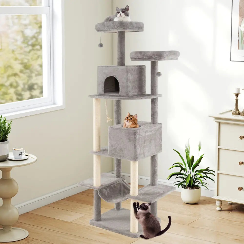 84 Inch Large Cat Tree with 2 Condos and 2 Soft Plush Perches for Indoor Cats-Gray - Gray - Cat Trees Condos &