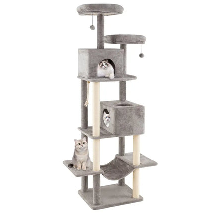 84 Inch Large Cat Tree with 2 Condos and 2 Soft Plush Perches for Indoor Cats-Gray - Gray - Cat Trees Condos &