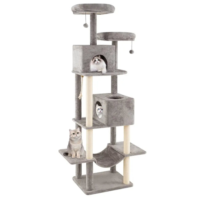 84 Inch Large Cat Tree with 2 Condos and 2 Soft Plush Perches for Indoor Cats-Gray - Gray - Cat Trees Condos &