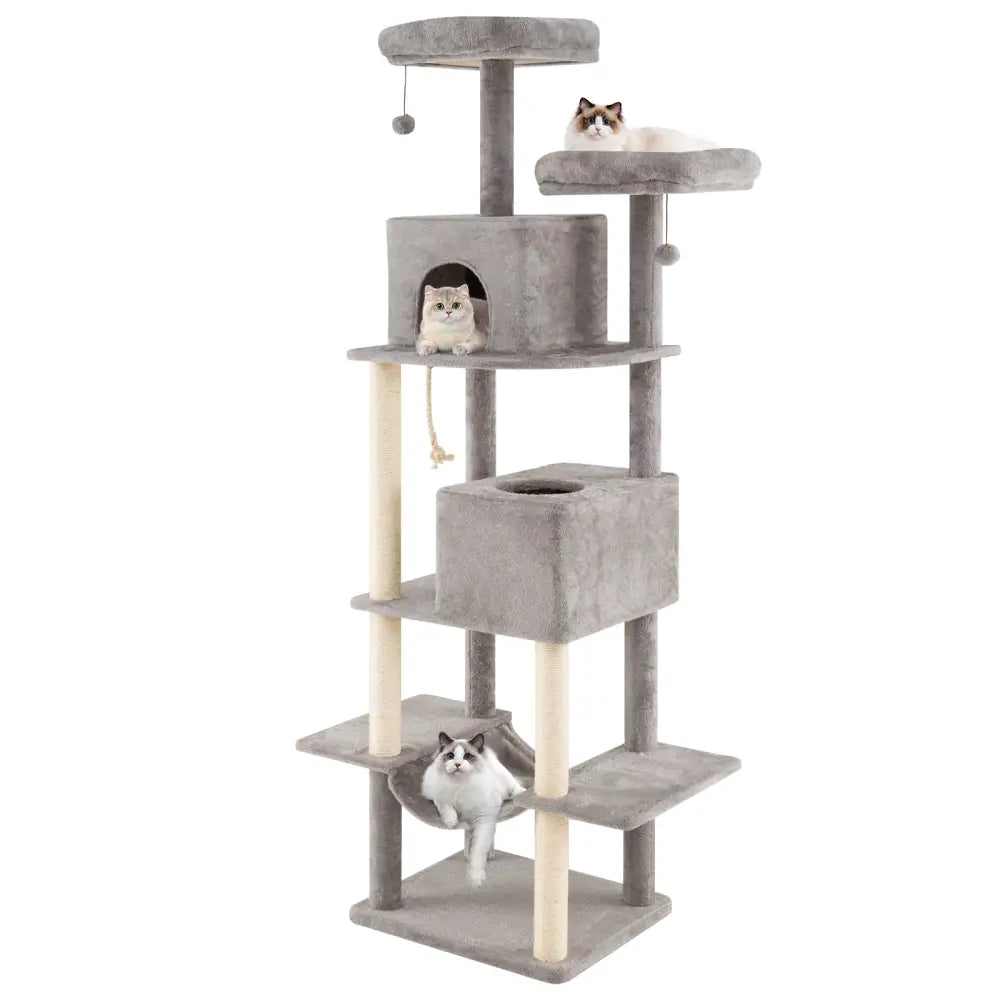 84 Inch Large Cat Tree with 2 Condos and 2 Soft Plush Perches for Indoor Cats-Gray - Gray - Cat Trees Condos &