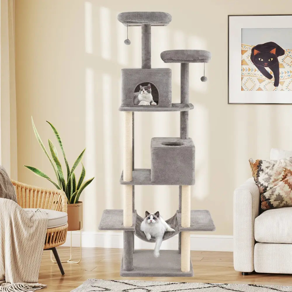 84 Inch Large Cat Tree with 2 Condos and 2 Soft Plush Perches for Indoor Cats-Gray - Gray - Cat Trees Condos &