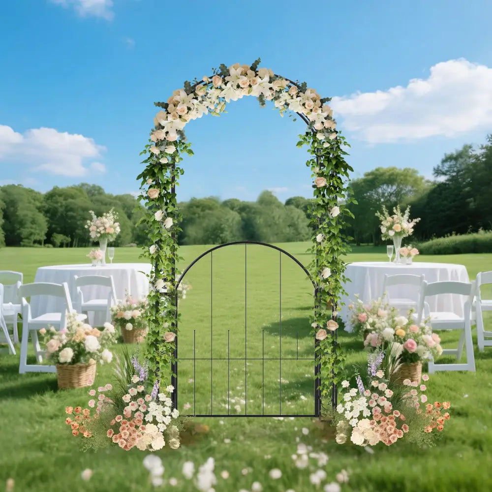 84 Inch Tall Garden Arch Metal Arbor Archway with Gate - Black - Garden Arbors