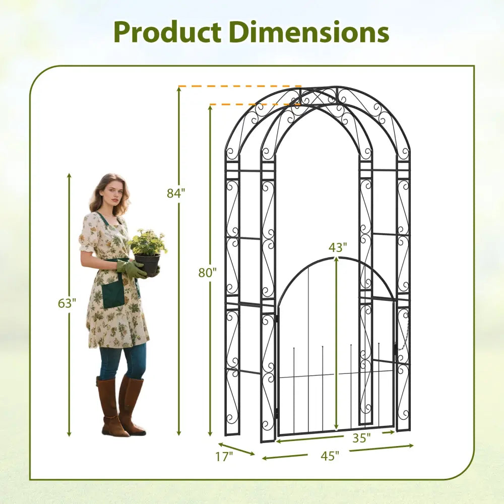 84 Inch Tall Garden Arch Metal Arbor Archway with Gate - Black - Garden Arbors