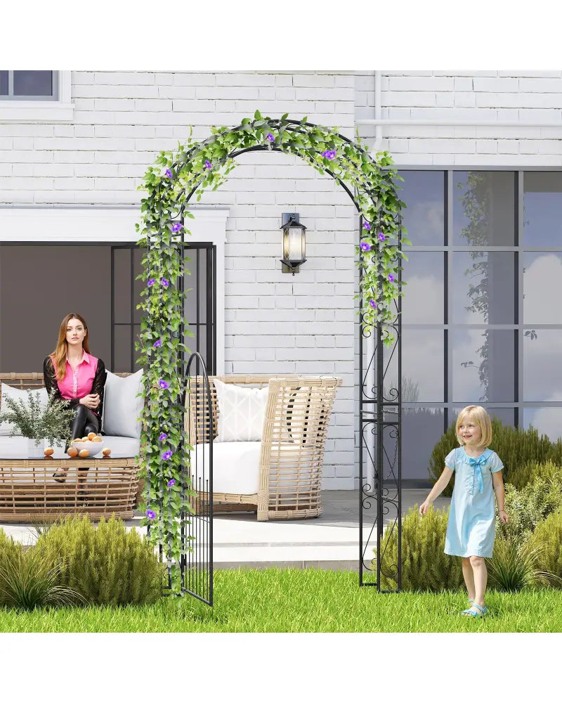 84 Inch Tall Garden Arch Metal Arbor Archway with Gate - Black - Garden Arbors