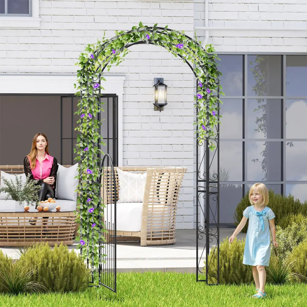 84 Inch Tall Garden Arch Metal Arbor Archway with Gate - Black - Garden Arbors