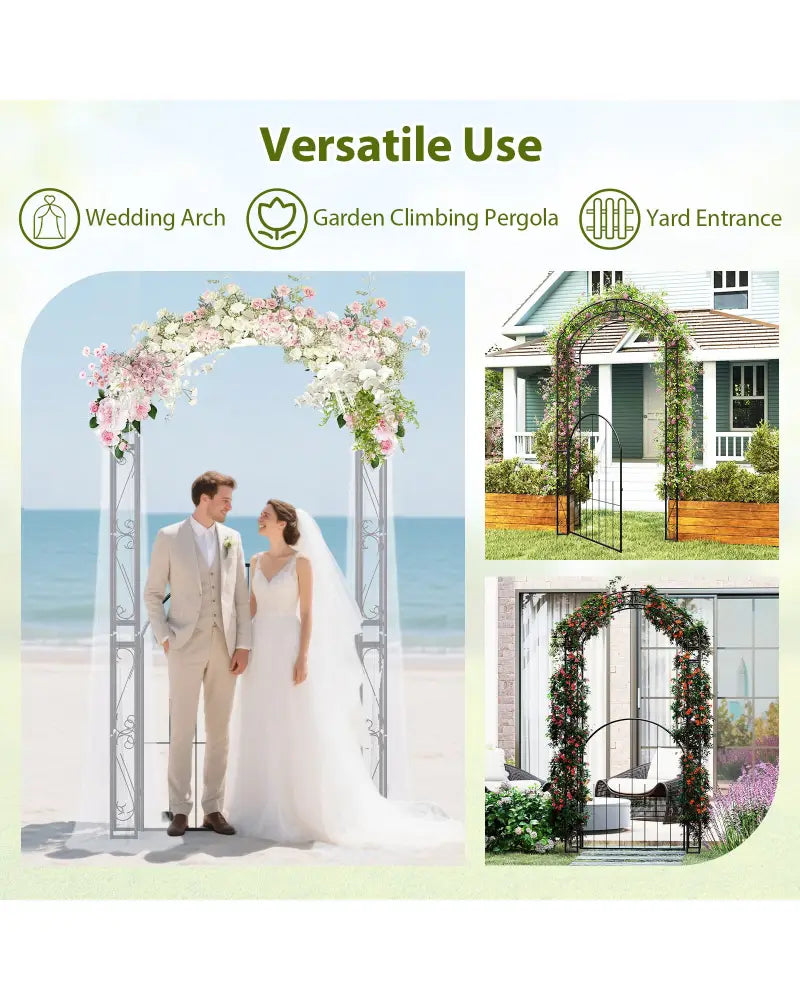 84 Inch Tall Garden Arch Metal Arbor Archway with Gate - Black - Garden Arbors