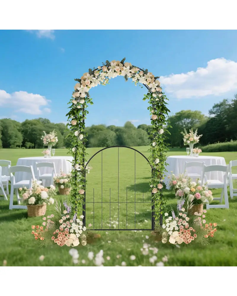 84 Inch Tall Garden Arch Metal Arbor Archway with Gate - Black - Garden Arbors