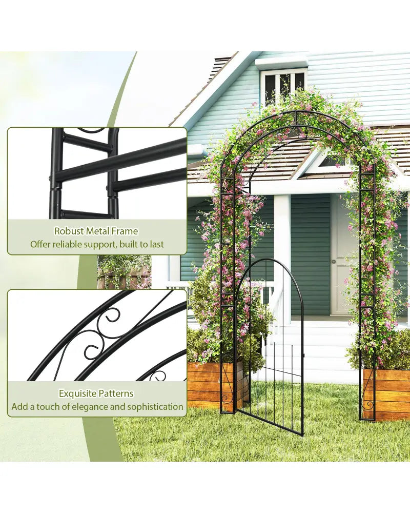 84 Inch Tall Garden Arch Metal Arbor Archway with Gate - Black - Garden Arbors