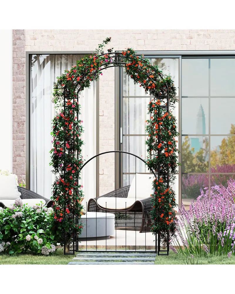 84 Inch Tall Garden Arch Metal Arbor Archway with Gate - Black - Garden Arbors