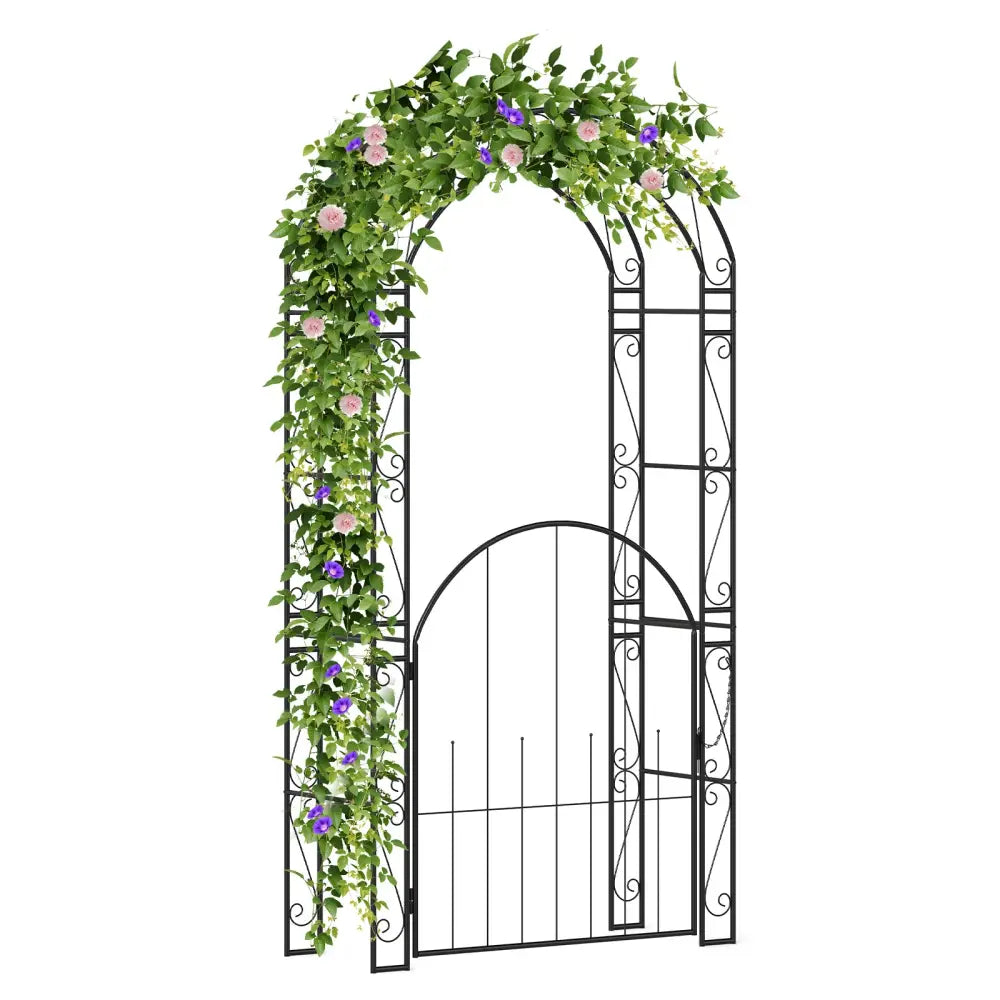 84 Inch Tall Garden Arch Metal Arbor Archway with Gate - Black - Garden Arbors